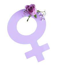 symbol of women's day cut out of paper with flowers on purple background.