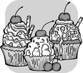 Sweet tasty dessert cupcake with cream and deco for morning breakfast in café or restaurant. Mini birthday cake for pleasure. Hand drawn retro vintage colorful vector illustration. Old style drawing.