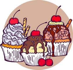 Sweet tasty dessert cupcake with cream and deco for morning breakfast in café or restaurant. Mini birthday cake for pleasure. Hand drawn retro vintage colorful vector illustration. Old style drawing.