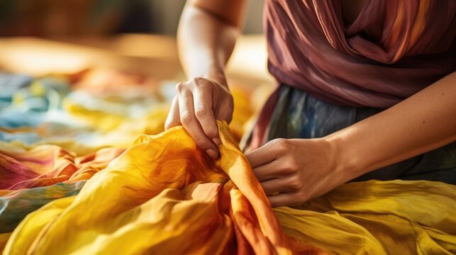 Macro shot of natural dyes being handpainted onto a sustainable silk scarf.