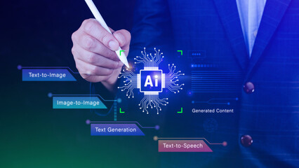 Ai tech, using virtual graphic Global Internet connect Chatgpt Chat with AI, Artificial Intelligence to generate content, Text to image, speech, smart AI, using command prompt for generates something