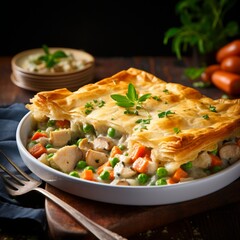 Fototapeta na wymiar Experience the heartiness of a classic chicken pot pie, adorned with a flaky crust and a medley of wholesome vegetables. A comforting homestyle dish that satisfies the soul.