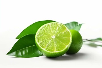 Isolated lime with leaves on white background. Clipping path included. Healthy nutrition concept. Generative AI