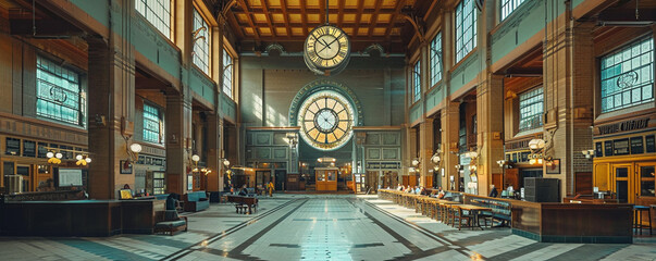 Interior photo of a vintage train terminal grand central station - obrazy, fototapety, plakaty