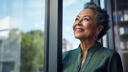 Mexican senior business woman looking at the window 