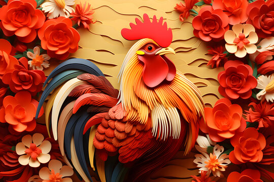 Proud rooster with beautiful feathers posing surrounded with many flowers   Statue of chickens at the court of King Naresuan Chang Mai Thail   Easter bright background image