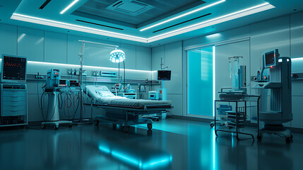 Equipamento médico e tecnológico futurista em destaque em uma sala de hospital moderna e elegante  Iluminação ambiente suave lança um brilho suave sobre a cena iluminando os robôs
