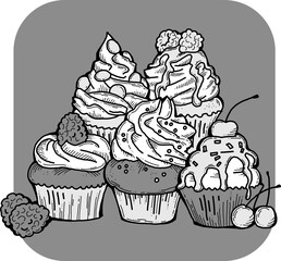 Sweet tasty dessert cupcake with cream and deco for morning breakfast in café or restaurant. Mini birthday cake for pleasure. Hand drawn retro vintage colorful vector illustration. Old style drawing.