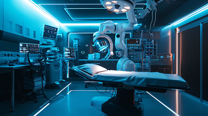 Equipamento médico e tecnológico futurista em destaque em uma sala de hospital moderna e elegante  Iluminação ambiente suave lança um brilho suave sobre a cena iluminando os robôs - obrazy, fototapety, plakaty