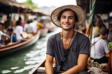 Male tourist enjoying a traditional floating market experience
