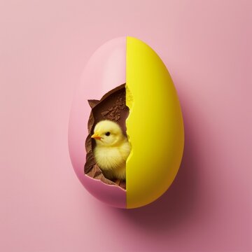 A tiny yellow chick breaks free from its chocolate shell, a symbol of new beginnings and the joy of easter
