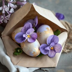 Delicate violets bloom from a paper bag, creating a whimsical easter greeting card for the egg-shaped flowers