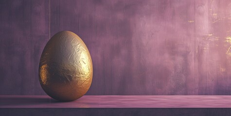 A vibrant easter still life featuring a golden egg perched atop a shelf adorned with fresh fruits, inviting the viewer to send warm greetings to loved ones