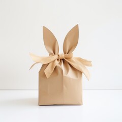 A whimsical easter-themed greeting card, adorned with a brown bag featuring bunny ears and tied with a delicate ribbon, perfect for wedding favors or gift wrapping
