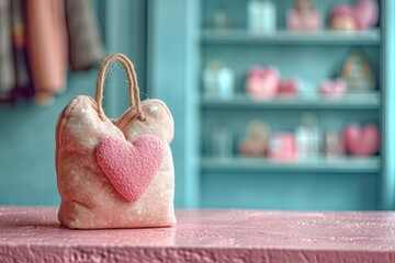 Barbiecore meets luxury shopping as a pink handbag with a heart detail hangs elegantly on a shelf against a pastel pink wall, a must-have accessory for any indoor fashionista - obrazy, fototapety, plakaty