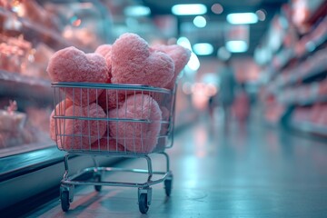 A vibrant display of barbiecore style as a shopping cart overflows with an abundance of pink plush hearts, enticing shoppers with a sweet and whimsical indoor experience
