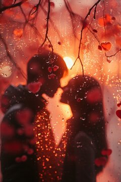 Amidst the winter chill, their love radiated like a warm fire as they shared a passionate kiss in the soft glow of city lights and falling rain