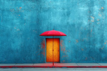 A vibrant red umbrella stands tall against a cold, blue wall, offering protection and brightness on a rainy street