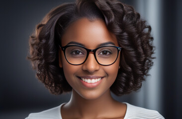 Obraz premium dark-skinned girl with dark curly hair smiles, looks into the frame 