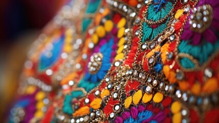 Closeup of a colorful traditional dance costume featuring intricate embroidery and beadwork.