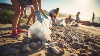 Closeup of a group of teenagers collecting trash from a beach, part of a youthled coastal cleanup initiative.