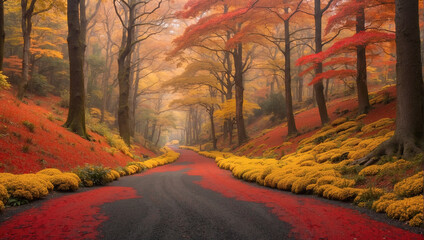 red forest road in autumn autumn in the forest road in forest