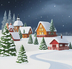 Fototapeta premium Winter landscape with sky and houses. Colorful illustration, background, wallpaper. Christmas card design. New year flyer