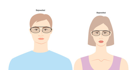 Obraz premium Bejewelled frame glasses on women and men flat character fashion accessory illustration. Sunglass front view unisex silhouette style, rim spectacles eyeglasses, lens sketch outline isolated on white