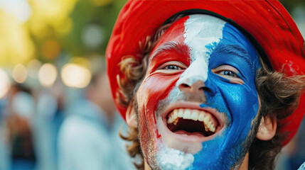 A joyful young guy with a face painted in blue and red colors, fan of Olympic sports competitions 