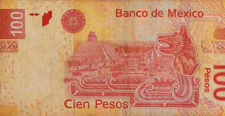 Mexican money bills currency Mexico 100 pesos banknote close up