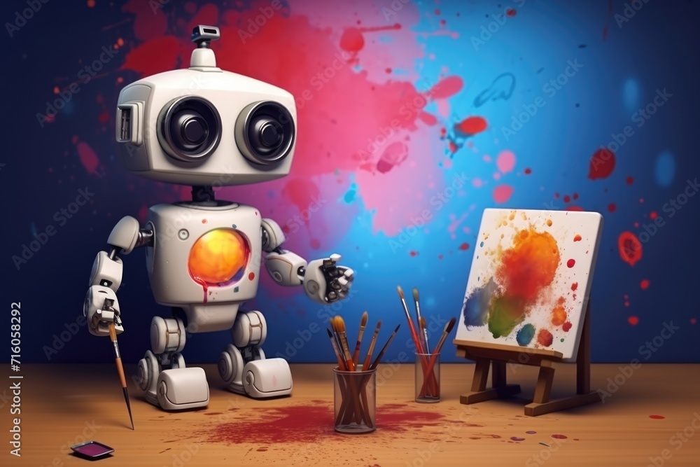 Poster concept of generative ai art technology, robot painting picture in studio. comeliness