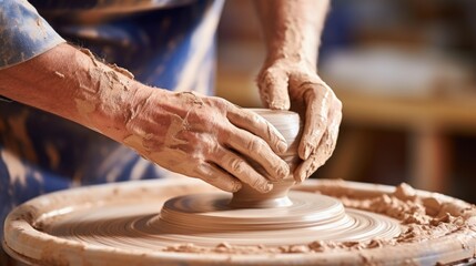 Closeup of skilled hands shaping and molding a piece of clay on a pottery wheel. - obrazy, fototapety, plakaty