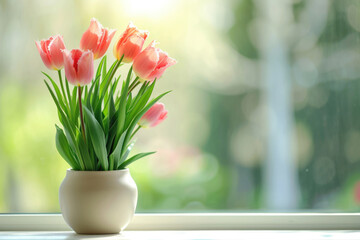 Spring flowers tulips planted in pot on the white window sill