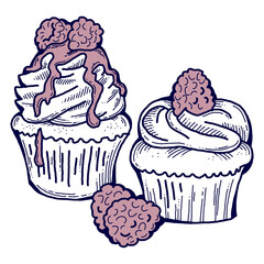 Sweet tasty dessert cupcake with cream and deco for morning breakfast in café or restaurant. Mini birthday cake for pleasure. Hand drawn colorful retro vintage illustration. Old style drawing.