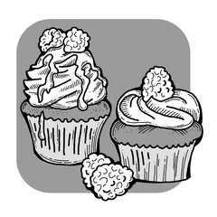 Sweet tasty dessert cupcake with cream and deco for morning breakfast in café or restaurant. Mini birthday cake for pleasure. Hand drawn colorful retro vintage illustration. Old style drawing.