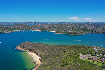 High angle aerial drone view of Balmoral Beach and Edwards Beach in the suburb of Mosman, Sydney,...