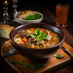 Warm your soul with a satisfying bowl of beef and barley soup, featuring hearty chunks of beef, barley grains, and a flavorful broth. A comforting dish that brings homestyle goodness to your table.
