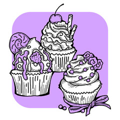 Sweet tasty dessert cupcake with cream and deco for morning breakfast in café or restaurant. Mini birthday cake for pleasure. Hand drawn colorful retro vintage illustration. Old style drawing.