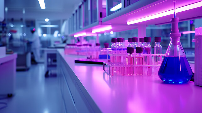 Num laboratório moderno iluminação fluorescente vibrante ilumina as superfícies estéreis e elegantes lançando um brilho futurista sobre o equipamento de ponta e maquinaria intricada