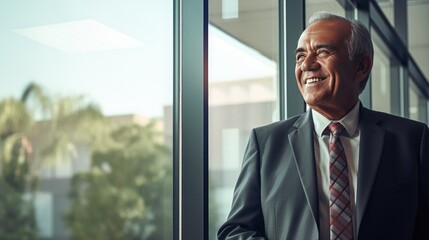 Fototapeta premium Mexican senior business man looking at the windows