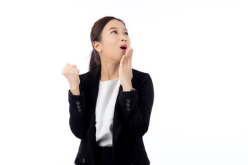 Portrait young asian businesswoman in suit standing with excited isolated white background, business woman is manager or executive thinking and idea with imagination with success, business concept.