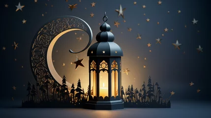 Poster Ramadan kareem and eid fitr islamic concept background illustration with lantern, stars and blossom flowers in paper cutting style 3D for wallpaper, greeting card and flyer. © Surf Ink