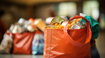 Closeup of a bag filled with canned goods, highlighting the act of volunteering at a food drive or stocking a local food pantry. - obrazy, fototapety, plakaty