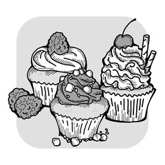 Sweet tasty dessert cupcake with cream and deco for morning breakfast in café or restaurant. Mini birthday cake for pleasure. Hand drawn colorful retro vintage illustration. Old style drawing.