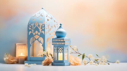 Ramadan kareem and eid fitr islamic concept background illustration with lantern, stars and blossom flowers in paper cutting style 3D for wallpaper, greeting card and flyer.