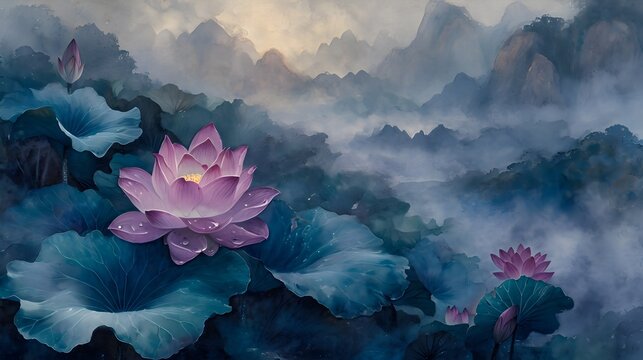 Misty Mountain Landscape with Blooming Lotus Flowers