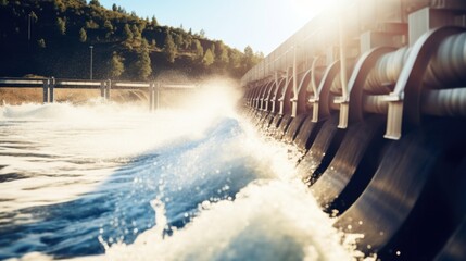 Macro shot of a hydropower dam, highlighting the force and potential of water as a renewable energy source.