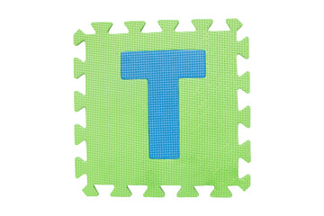 ฺJigsaw English English uppercase "T" alphabet foam plastic Isolated on cut out PNG. Jigsaw box with character. Colorful foam alphabet puzzle pieces. English used in learning education for children.	