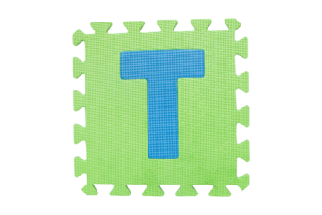 ฺJigsaw English English uppercase "T" alphabet foam plastic Isolated on cut out PNG. Jigsaw box with character. Colorful foam alphabet puzzle pieces. English used in learning education for children.	