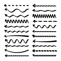 Hand drawn arrows, highlighter lines. Marker stroke, brush pen drawn underline. Handwritten text pointers, notes, marks. Vector illustration